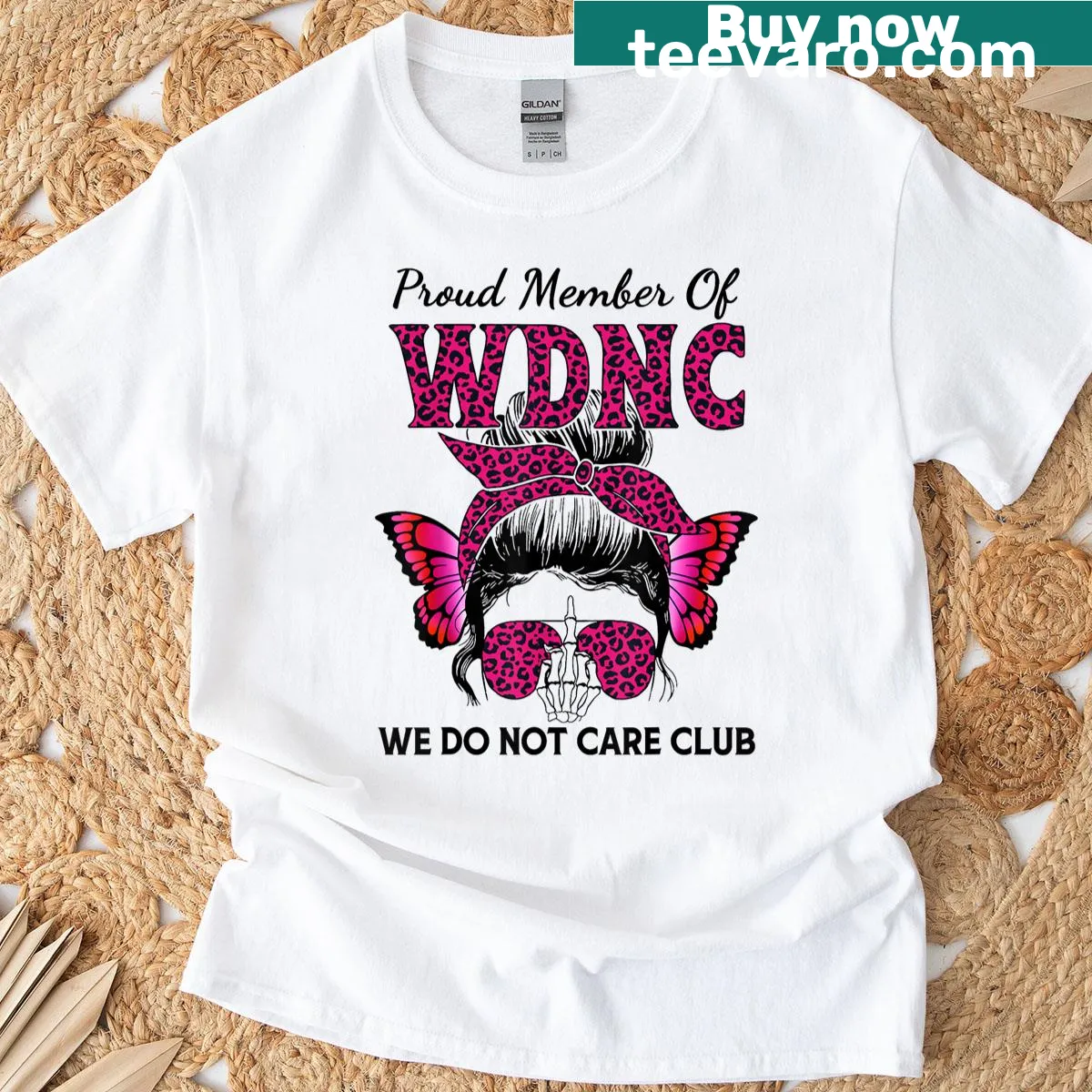 Funny women's T-shirt with leopard print and 'We Do Not Care Club' text — on a men's t-shirt