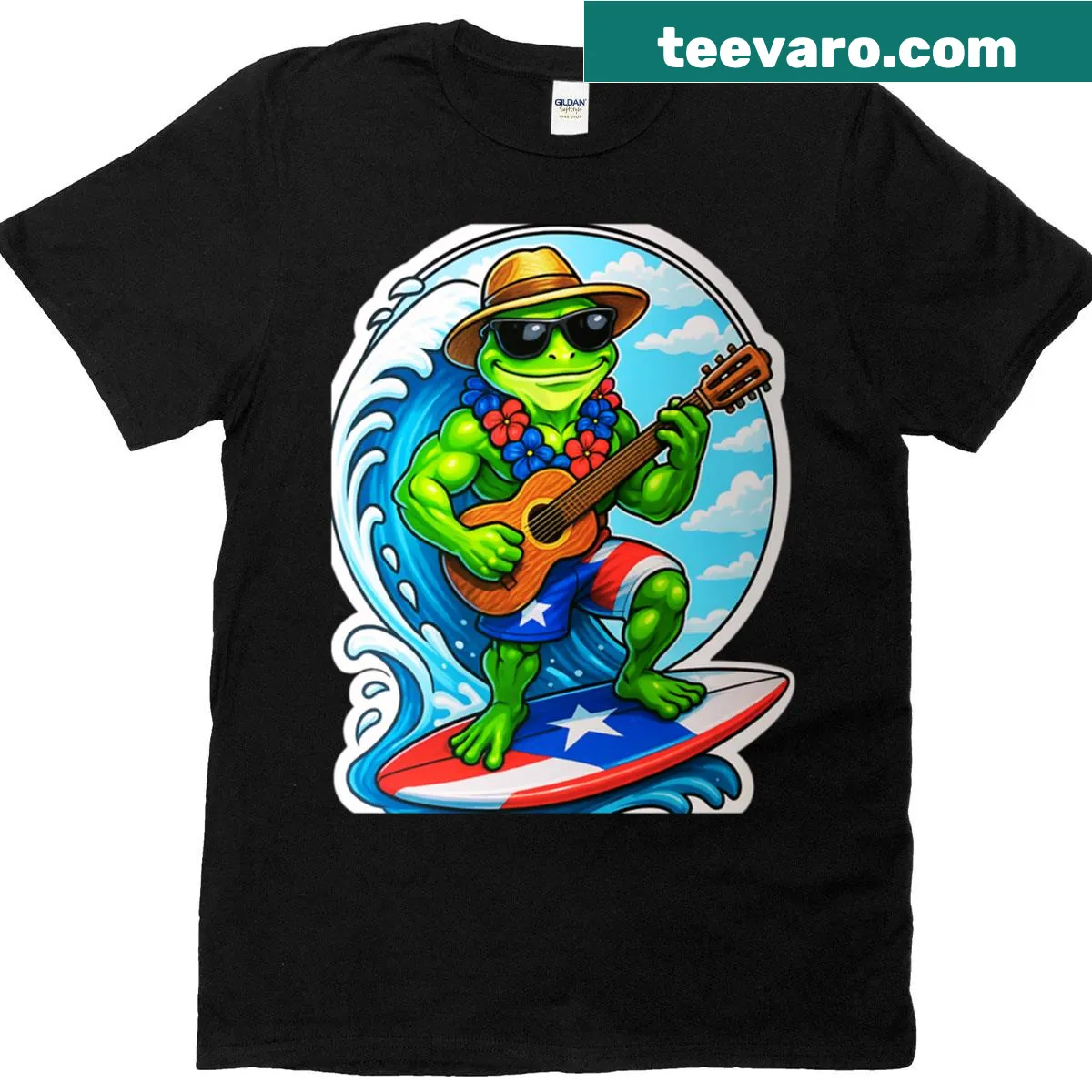 Illustration of a surf frog capturing tropical island vibes on a t-shirt — on a men's t-shirt