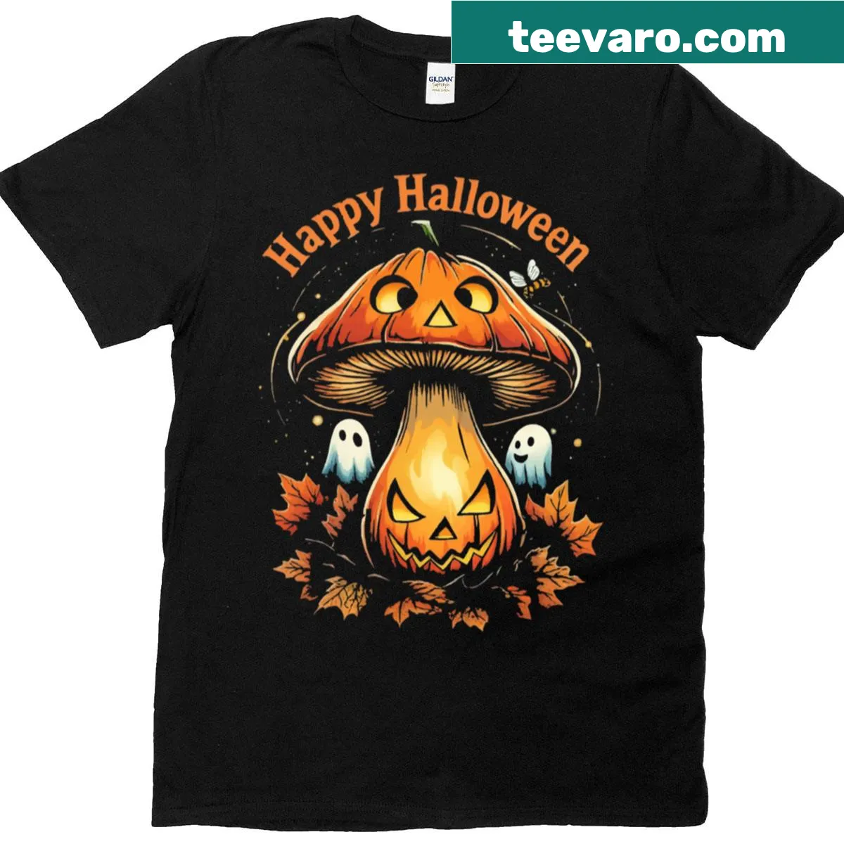 Whimsical Halloween t-shirt featuring pumpkins and mushrooms — on a men's t-shirt