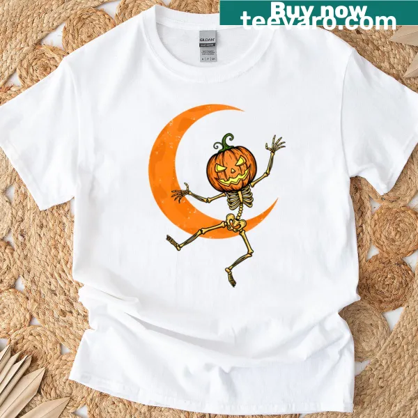 Cartoon pumpkin skeleton dancing under a moon for Halloween T-shirt