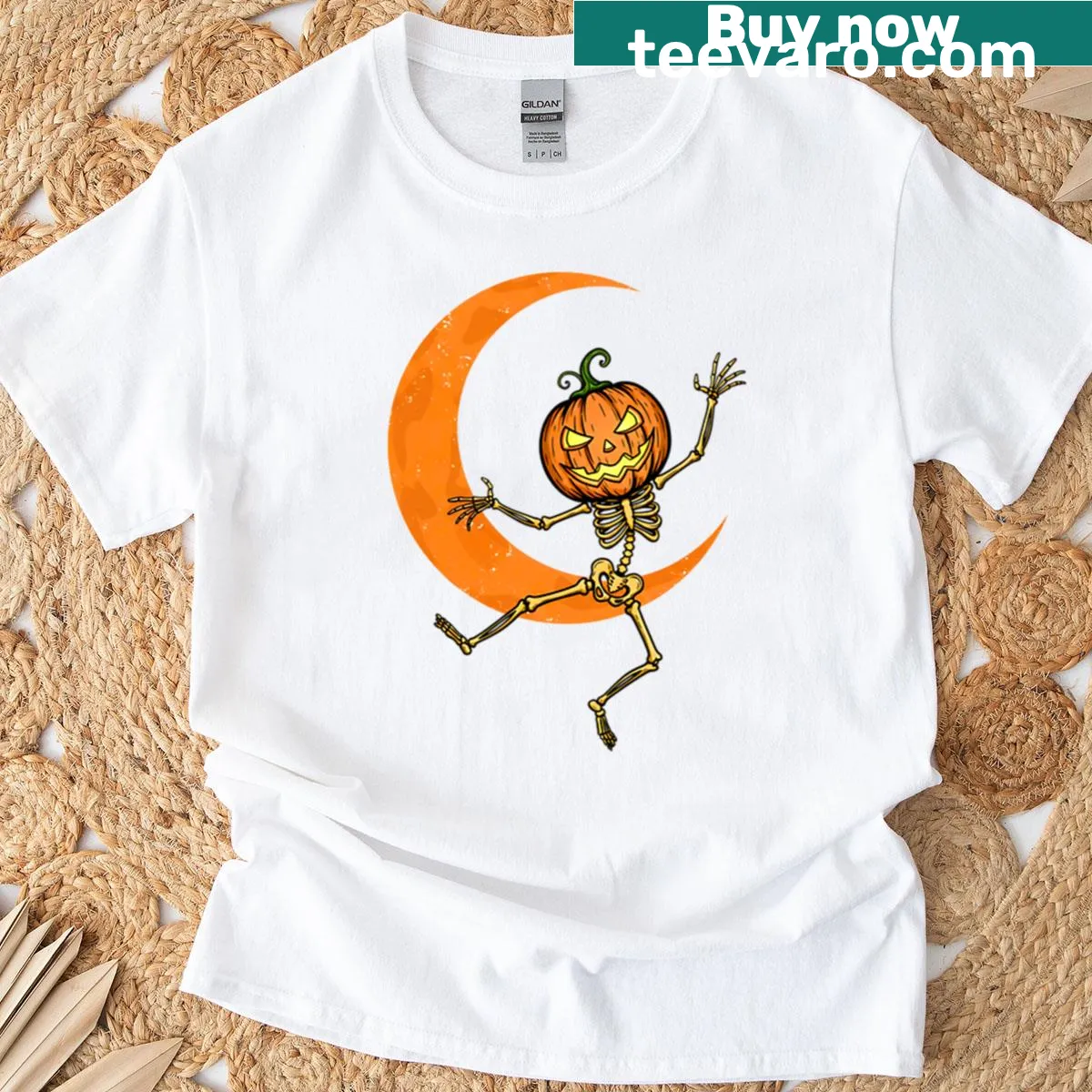 Cartoon pumpkin skeleton dancing under a moon for Halloween T-shirt — on a men's t-shirt