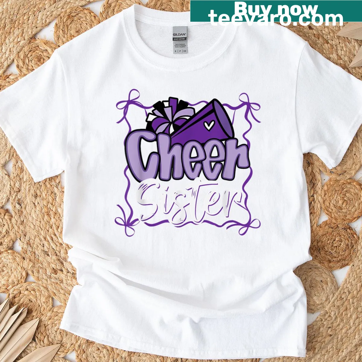 Cheerleading T-shirt with pom poms and bow design — on a men's t-shirt