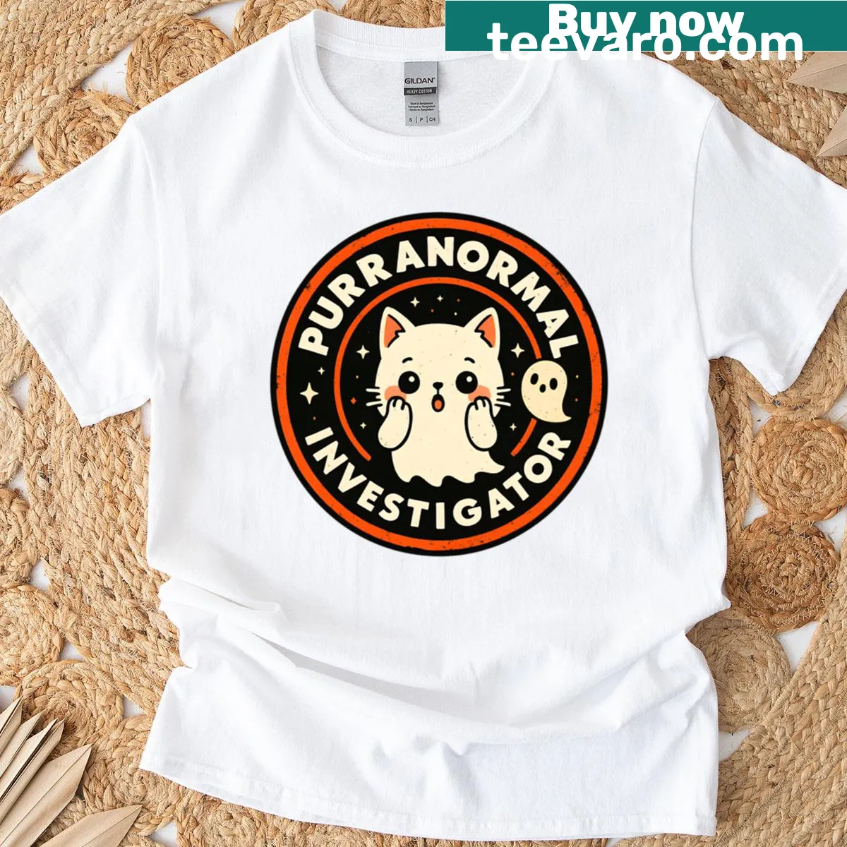 Cute ghost cat design on an orange t-shirt. — on a men's t-shirt