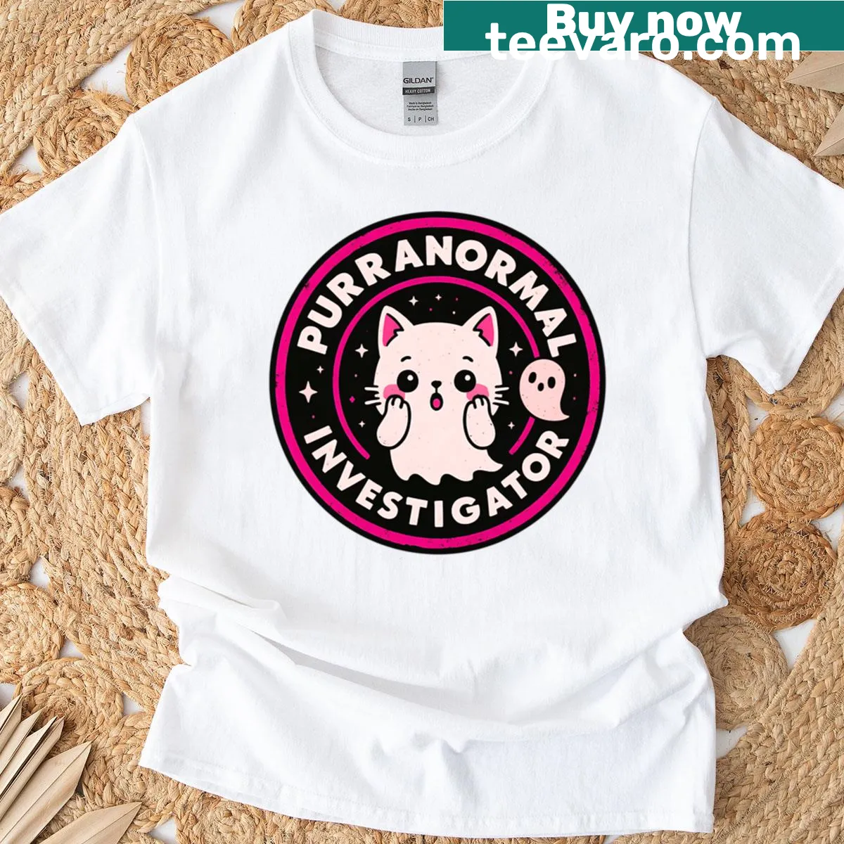 Kawaii ghost cat graphic t-shirt with cute design — on a men's t-shirt