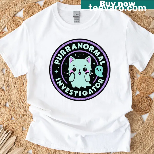 Kawaii ghost cat T-shirt with cute cartoon design