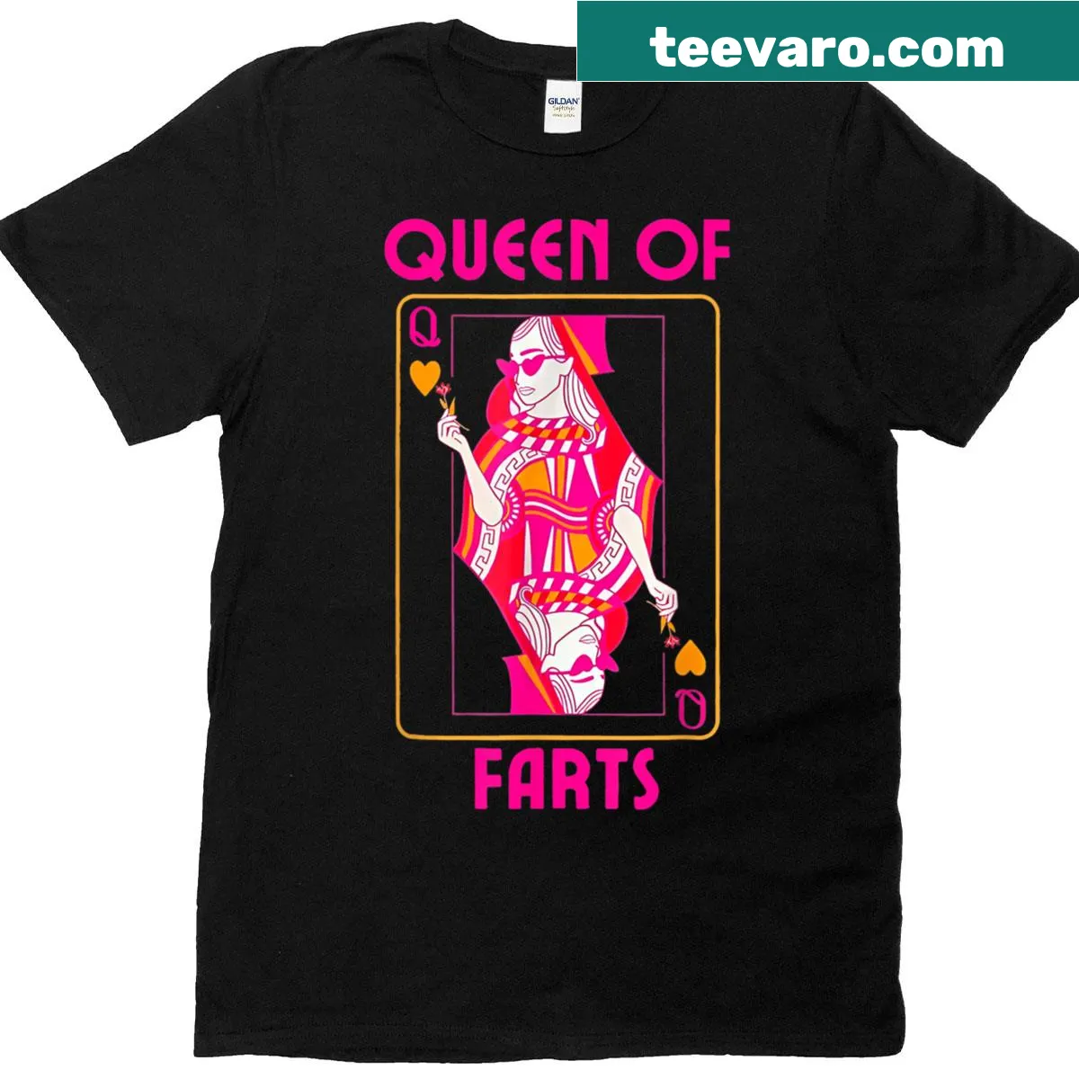 Humorous T-shirt with 'Queen Of Farts' text design — on a men's t-shirt