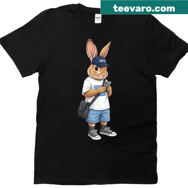 Cute rabbit illustration holding a phone on a T-shirt
