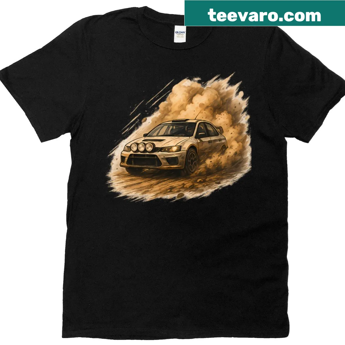 Dynamic racing scene with dust and vehicles on t-shirt — on a men's t-shirt