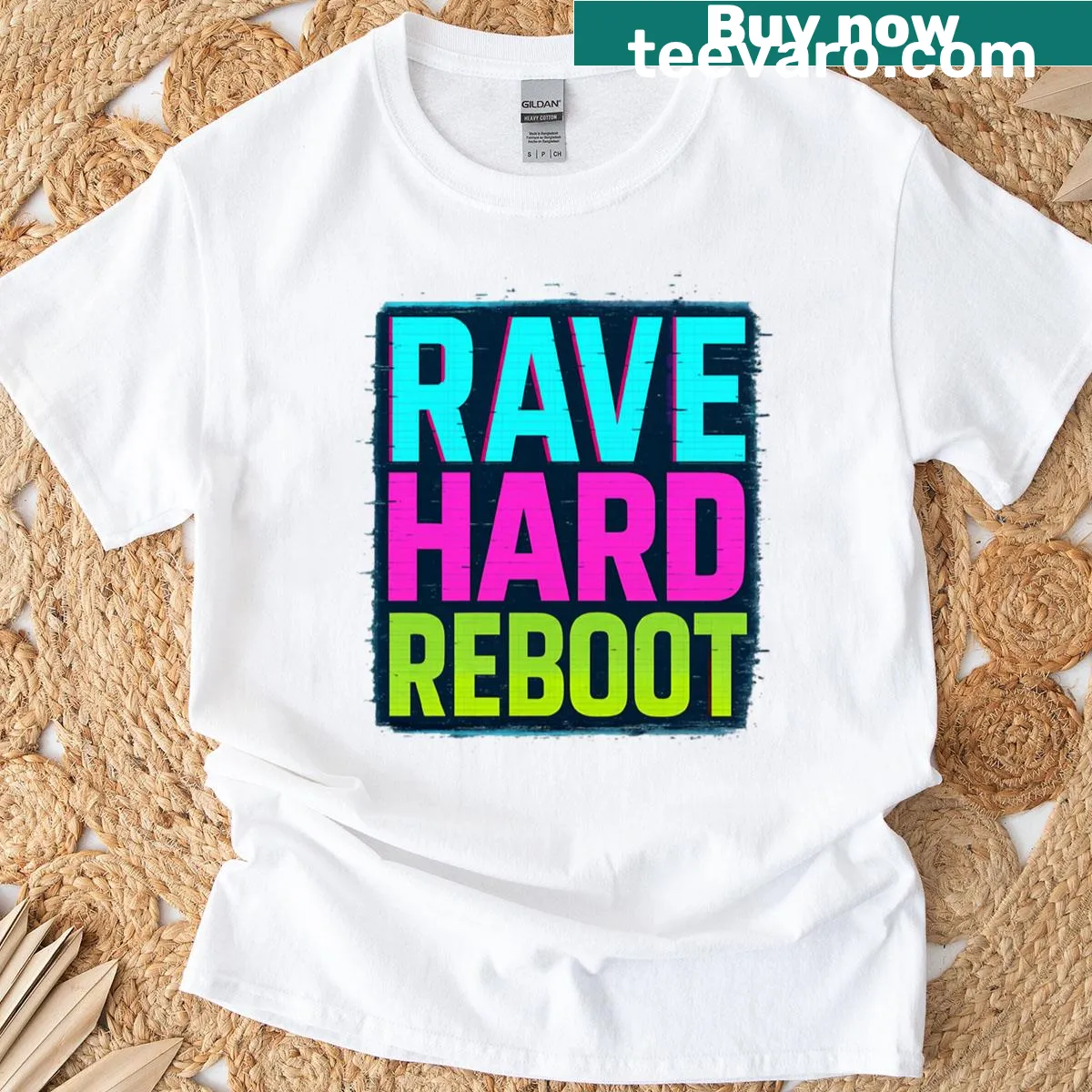 Edgy graphic t-shirt with glitchy rave-themed typography — on a men's t-shirt