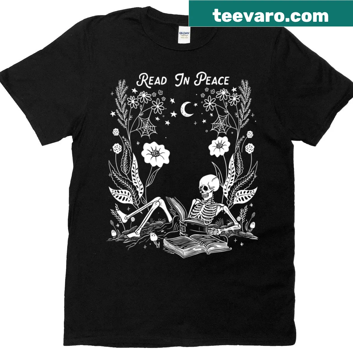 Halloween T-shirt with a skeleton reading a book — on a men's t-shirt