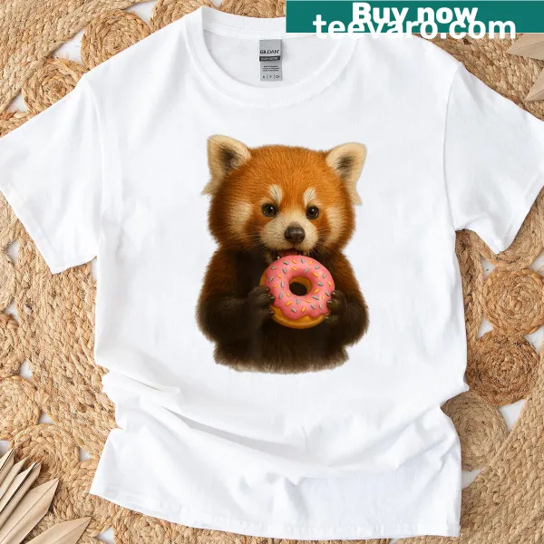 Cute cartoon design of a red panda with a donut on a t-shirt