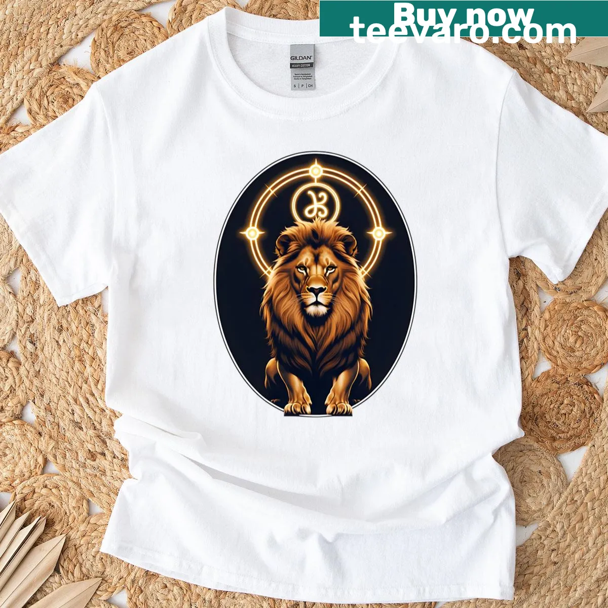 Illustrated T-shirt of a lion with a zodiac wheel halo — on a men's t-shirt