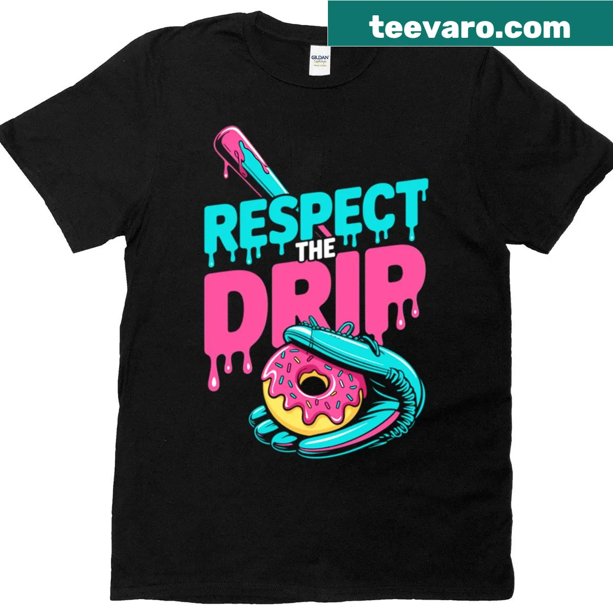 Fun donut design with the phrase 'Respect The Drip' — on a men's t-shirt