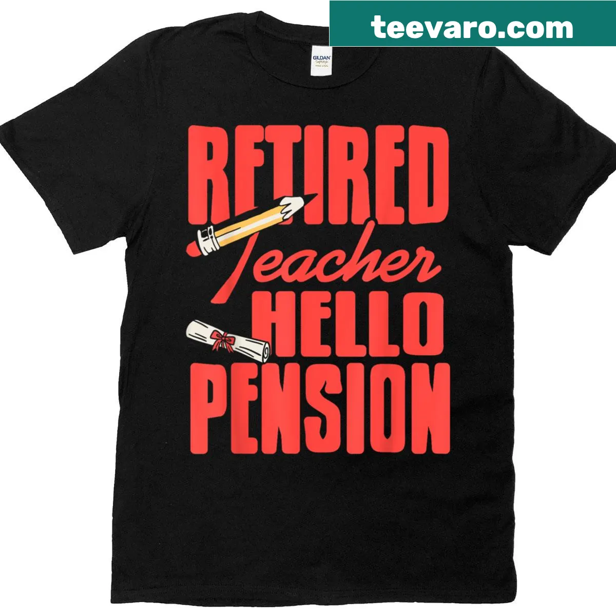 T-shirt with 'Hello Pension Life Starts Now' text for retired teachers — on a men's t-shirt