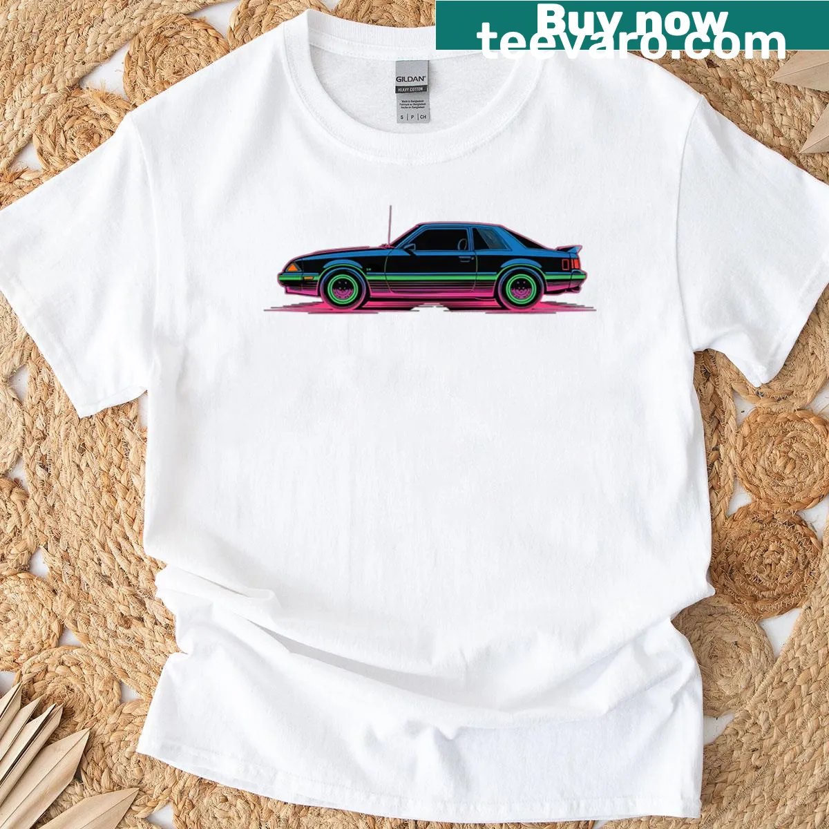 Retro graphic of a muscle car in synthwave design on a T-shirt — on a men's t-shirt