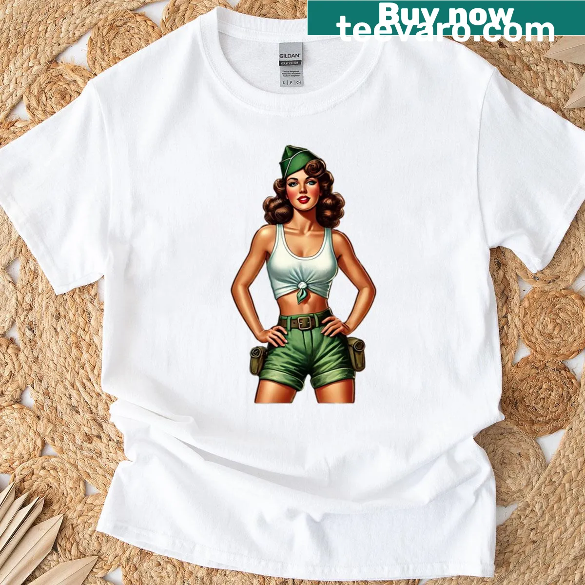Army-themed retro pin-up girl illustration t-shirt — on a men's t-shirt