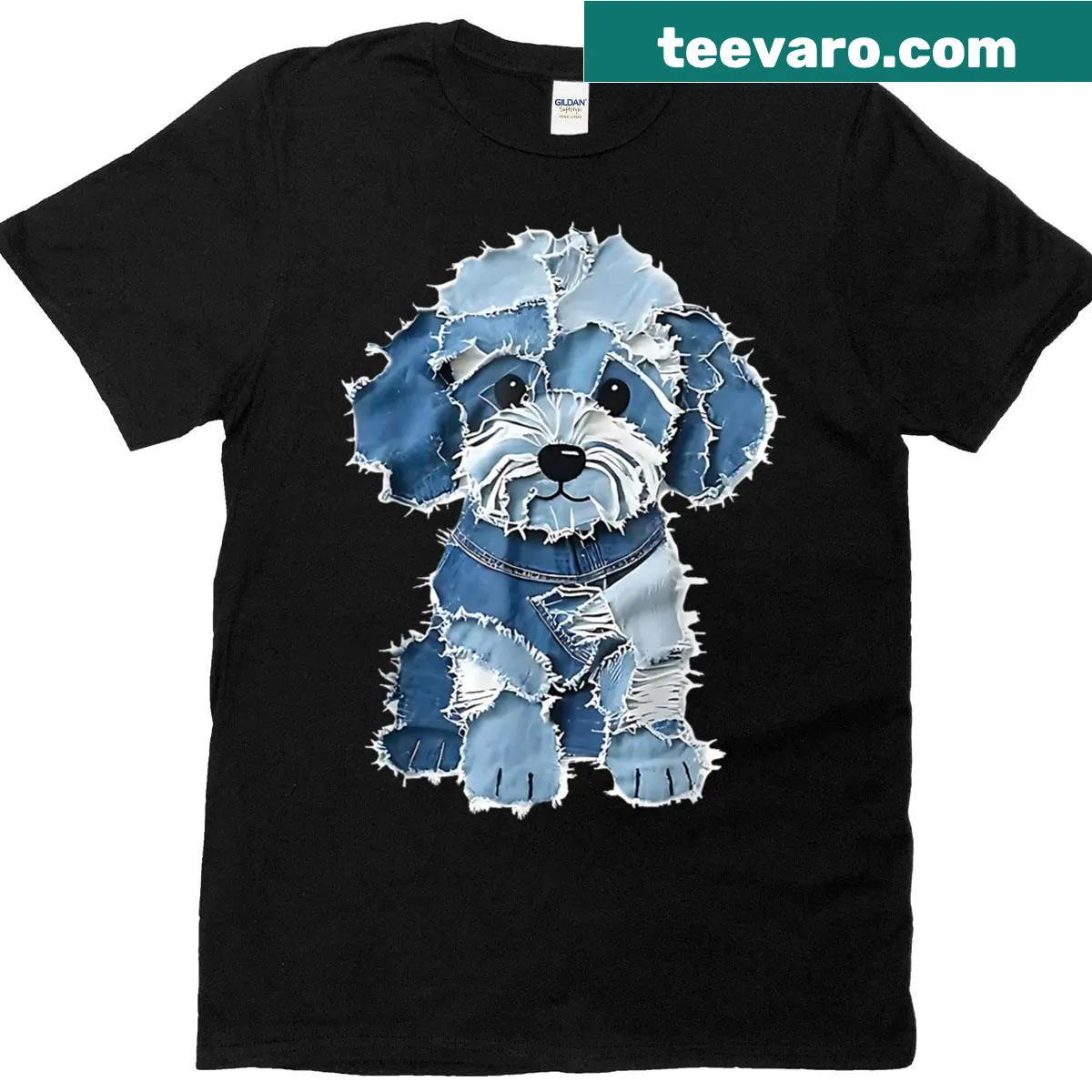 Cartoon-style T-shirt with a retro denim patch featuring a cute puppy — on a men's t-shirt