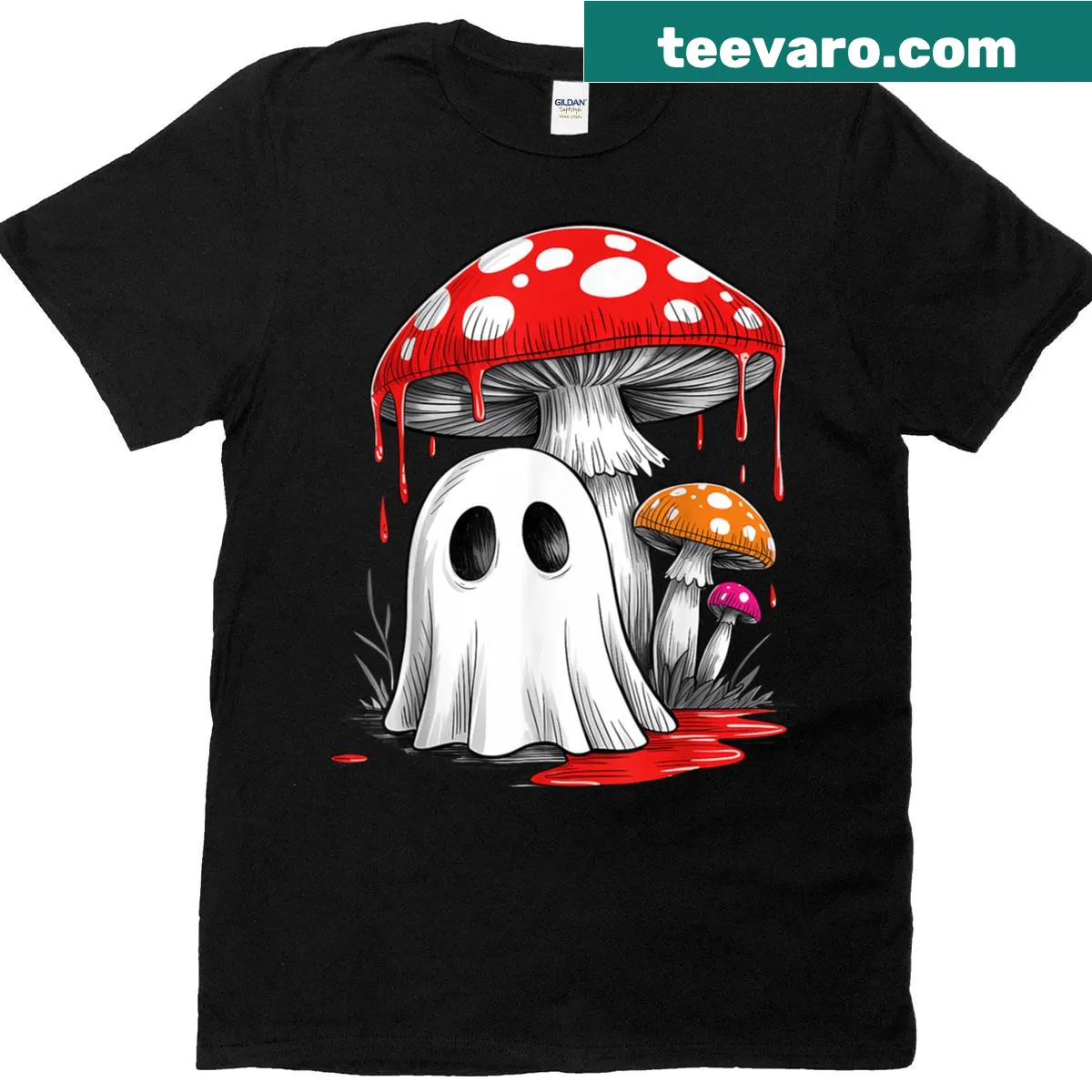 Cute retro ghost mushroom graphic on Halloween T-shirt — on a men's t-shirt