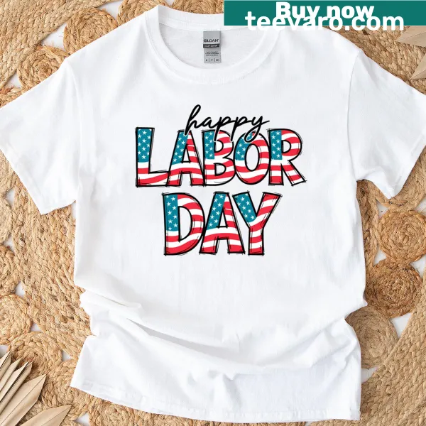 Retro Labor Day design featuring groovy text and patriotic elements
