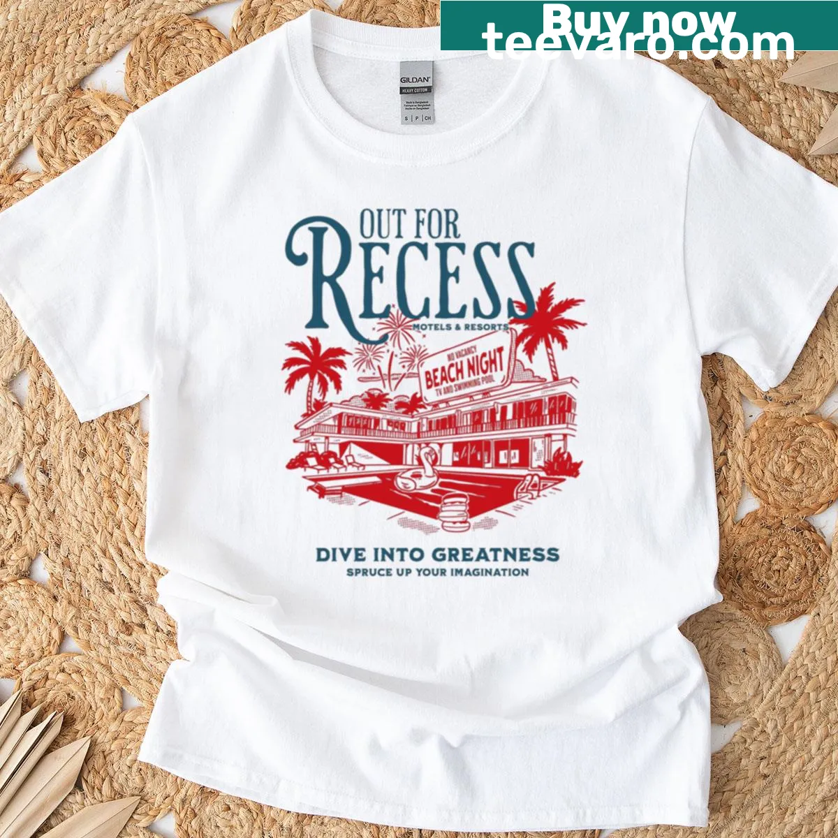 Vintage motel pool design t-shirt with retro no vacancy graphic — on a men's t-shirt