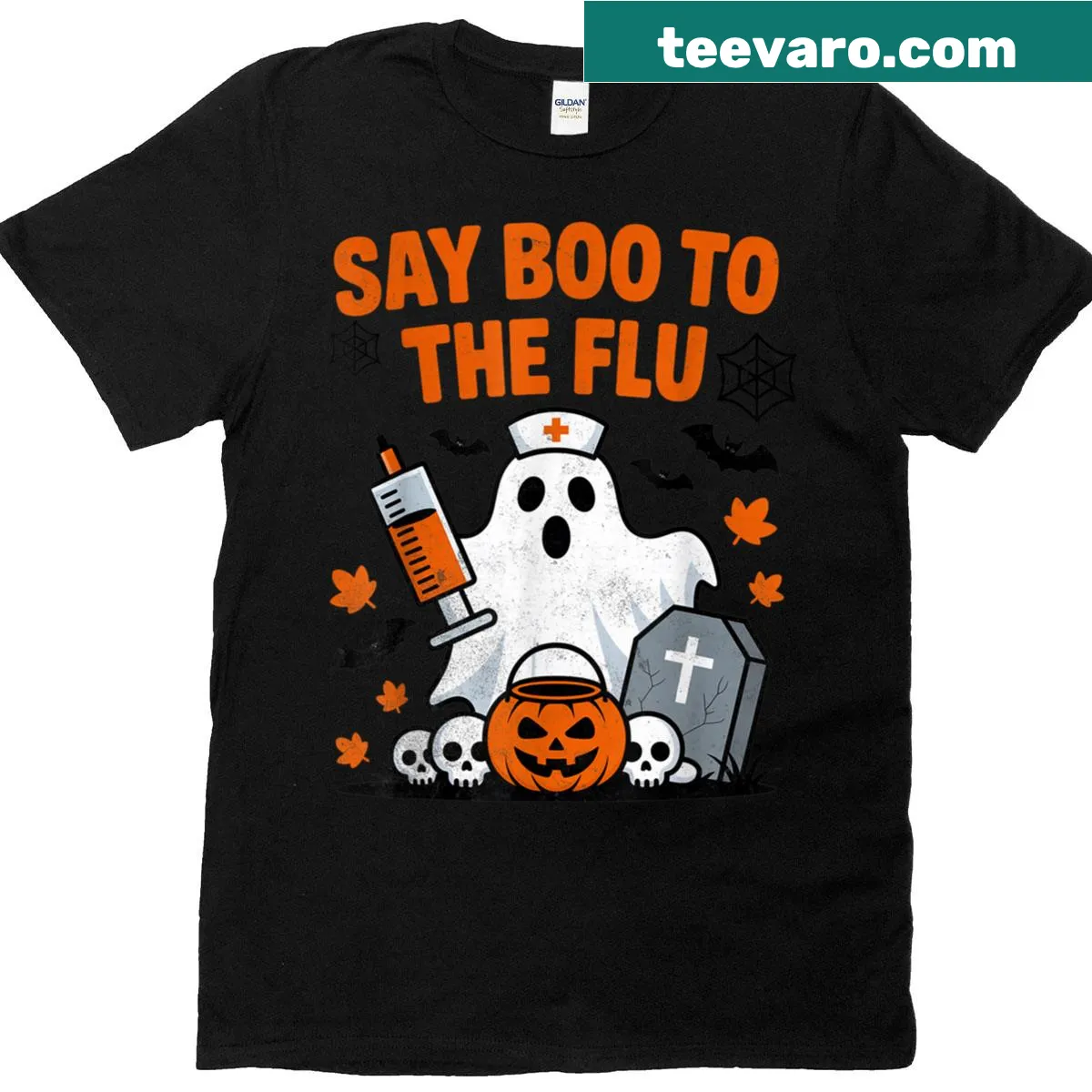 Funny Halloween T-shirt for nurses with ghost and vaccine theme — on a men's t-shirt