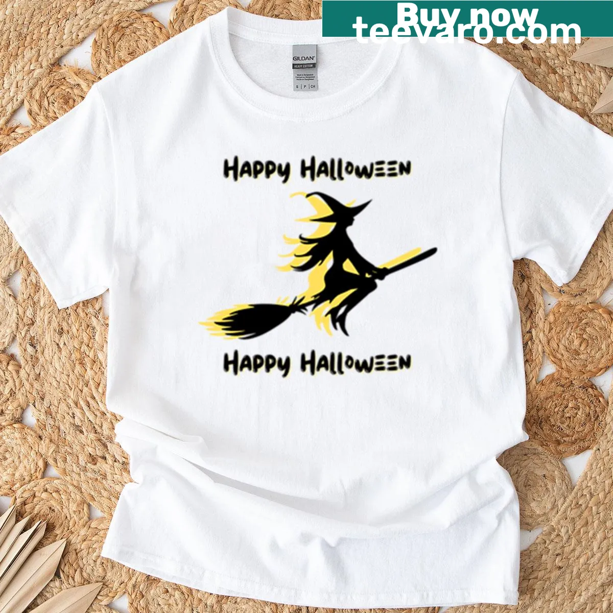 Silhouette of a witch on a broomstick for Halloween on a t-shirt — on a men's t-shirt