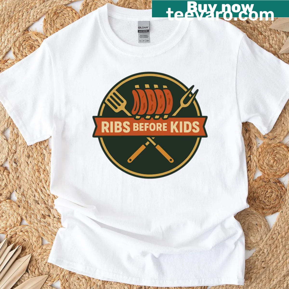 Funny Ribs Before Kids barbecue emblem t-shirt — on a men's t-shirt