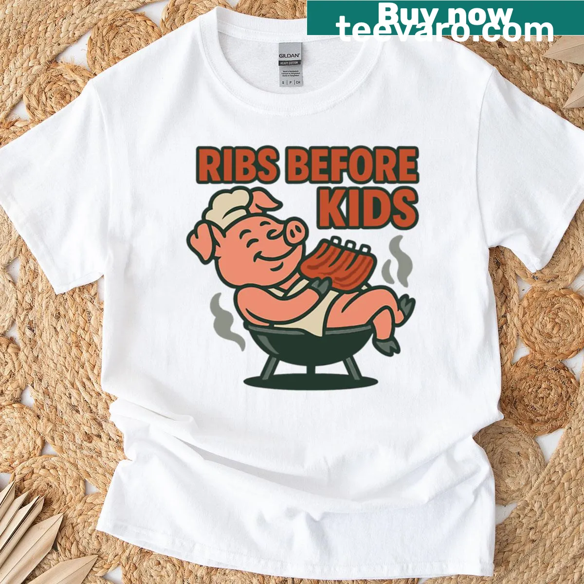 Funny T-shirt saying Ribs Before Kids in bold typography — on a men's t-shirt