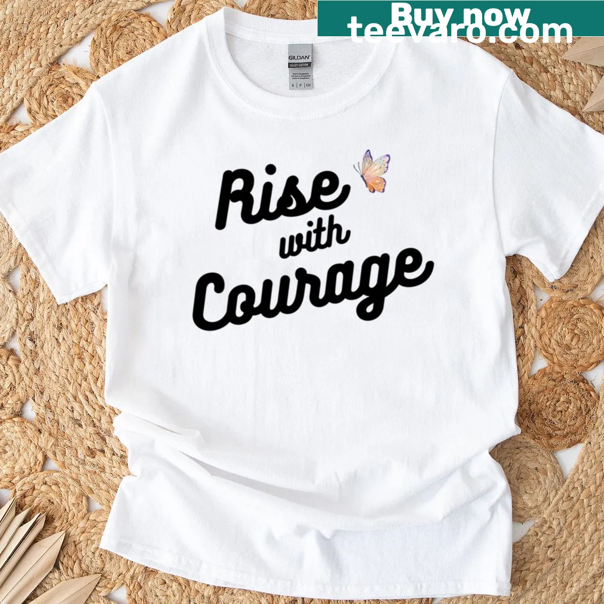 Inspirational T-shirt with the quote 'Rise With Courage' in bold typography — on a men's t-shirt