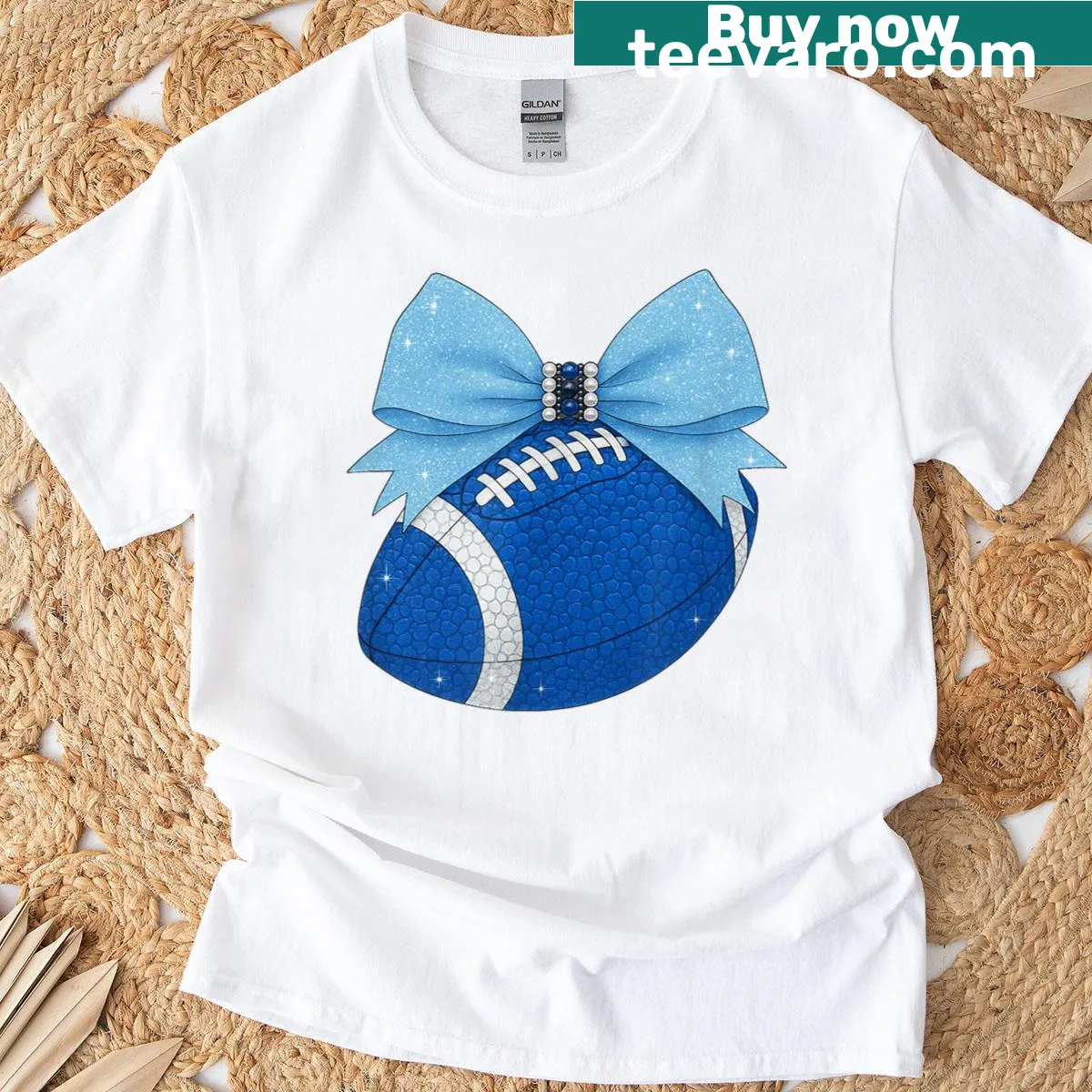 Football-themed t-shirt with sparkling graphics in a royal blue design — on a men's t-shirt