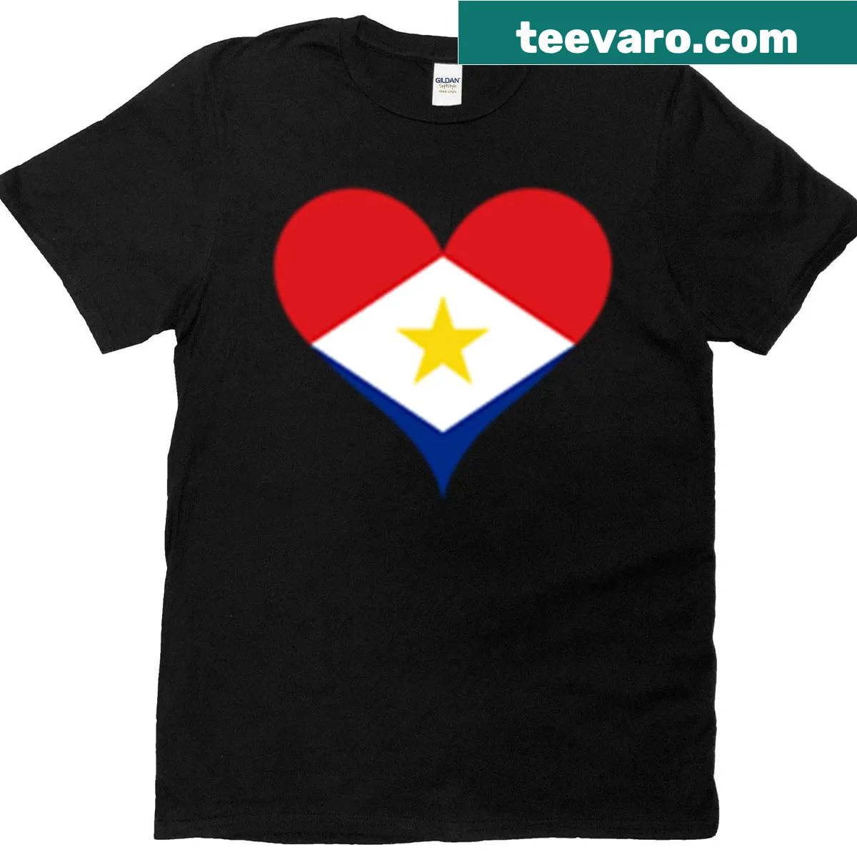 T-shirt featuring a heart-shaped Saba flag illustration — on a men's t-shirt