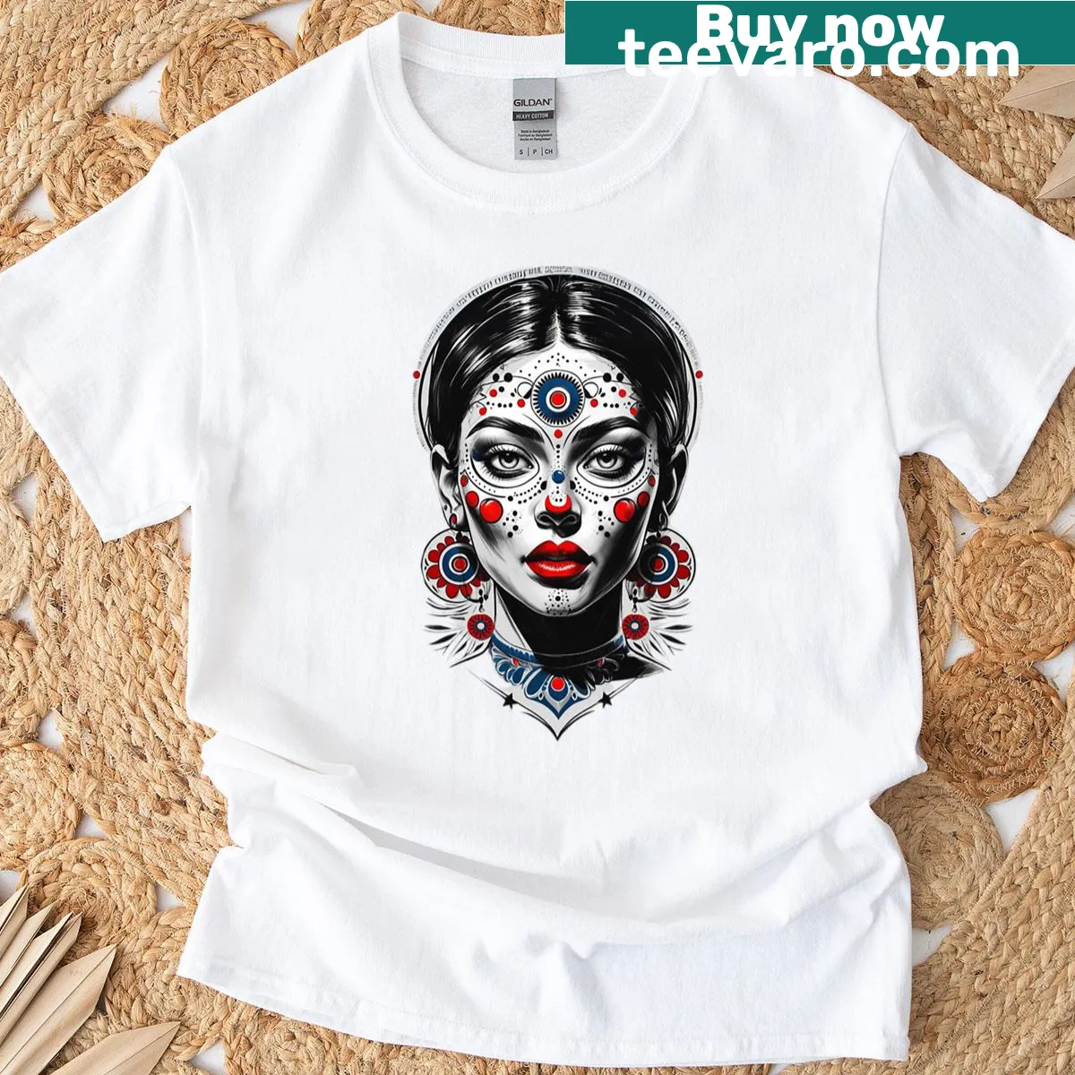 Cultural design t-shirt featuring sacred face and patterns — on a men's t-shirt