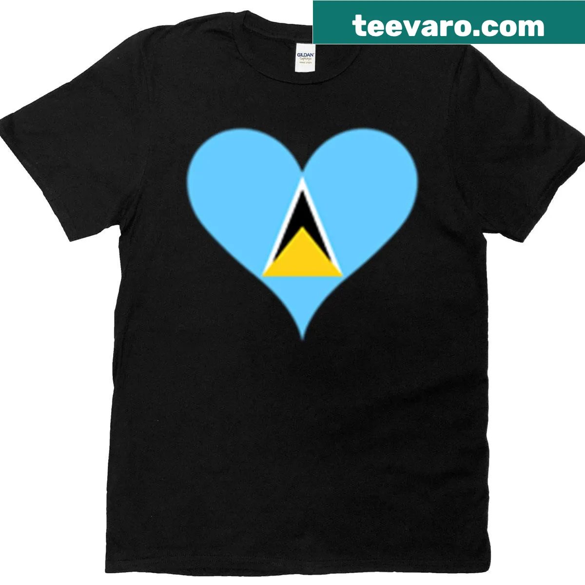T-shirt featuring the heart-shaped silhouette of the Saint Lucia flag. — on a men's t-shirt