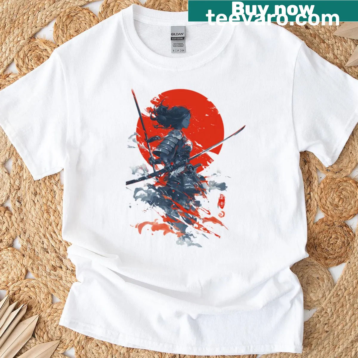 Illustrative T-shirt of a Samurai girl in an urban warrior pose. — on a men's t-shirt
