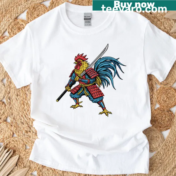 T-shirt featuring a samurai rooster with a katana sword illustration