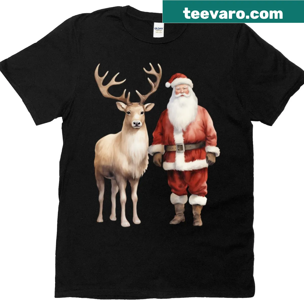 T-shirt with cheerful Santa Claus and reindeer graphic — on a men's t-shirt