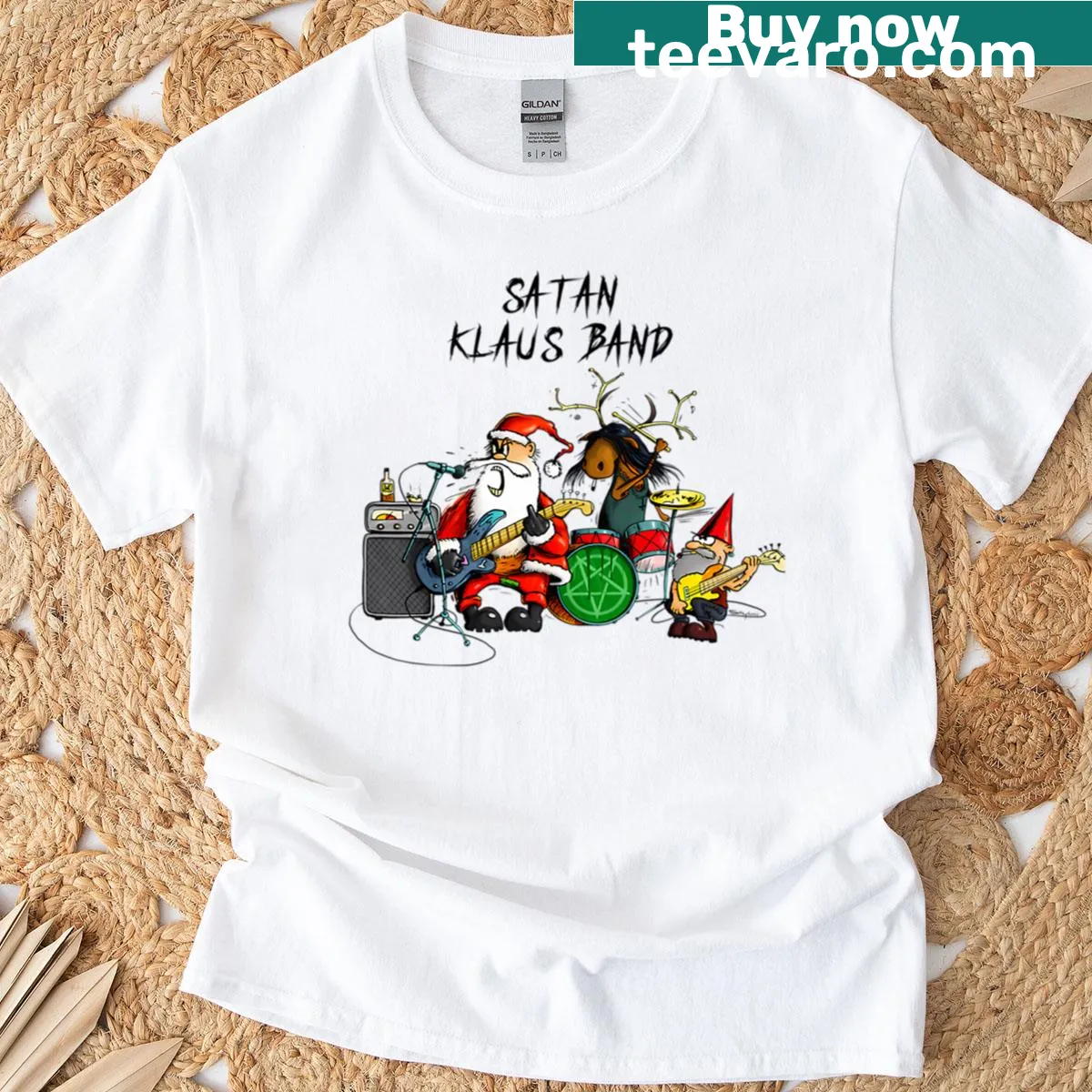 Playful t-shirt featuring a whimsical Satan Klaus Band design — on a men's t-shirt