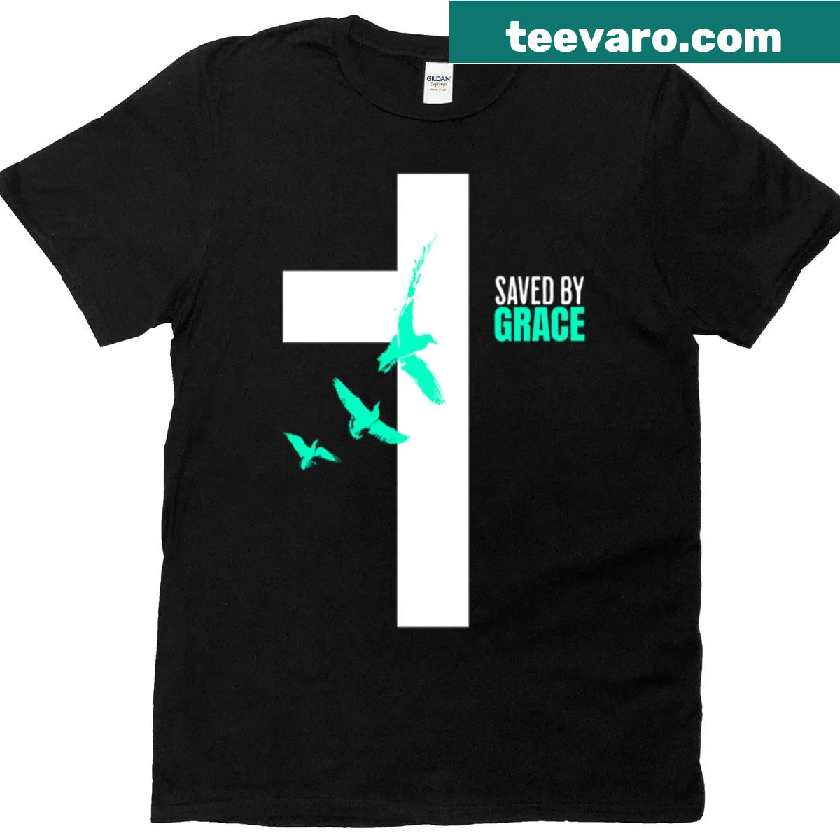 Illustrative T-shirt with 'Saved By Grace' text, representing Christian faith. — on a men's t-shirt