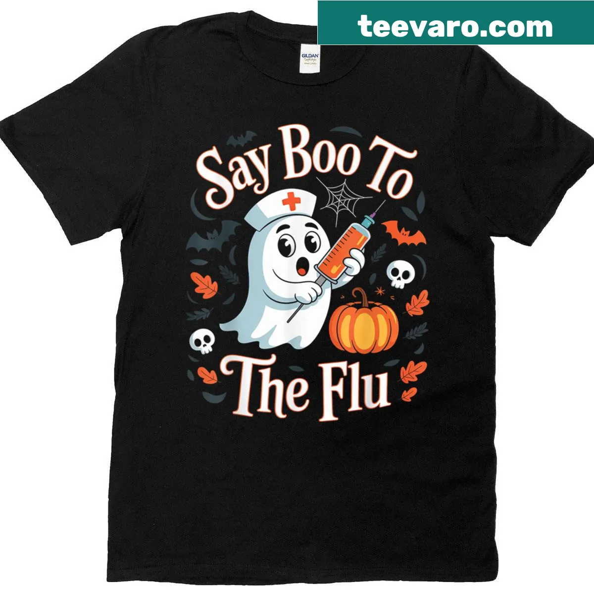 Retro Halloween t-shirt featuring a ghost saying 'Say Boo To The Flu' — on a men's t-shirt