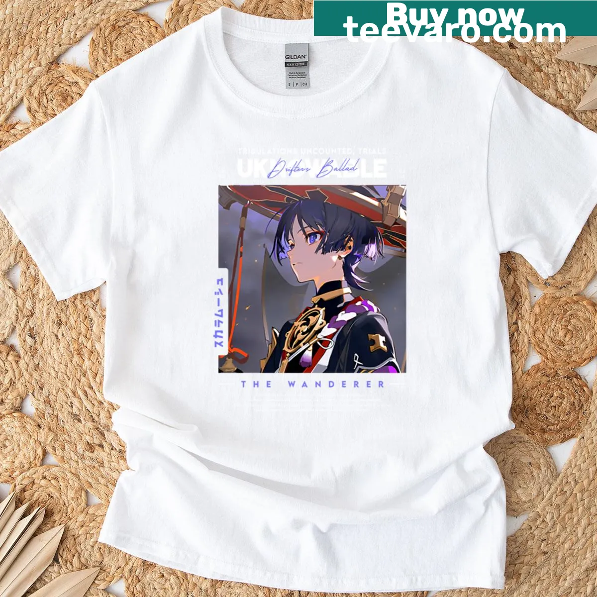 Illustrated t-shirt featuring Scaramouche from Genshin Impact — on a men's t-shirt