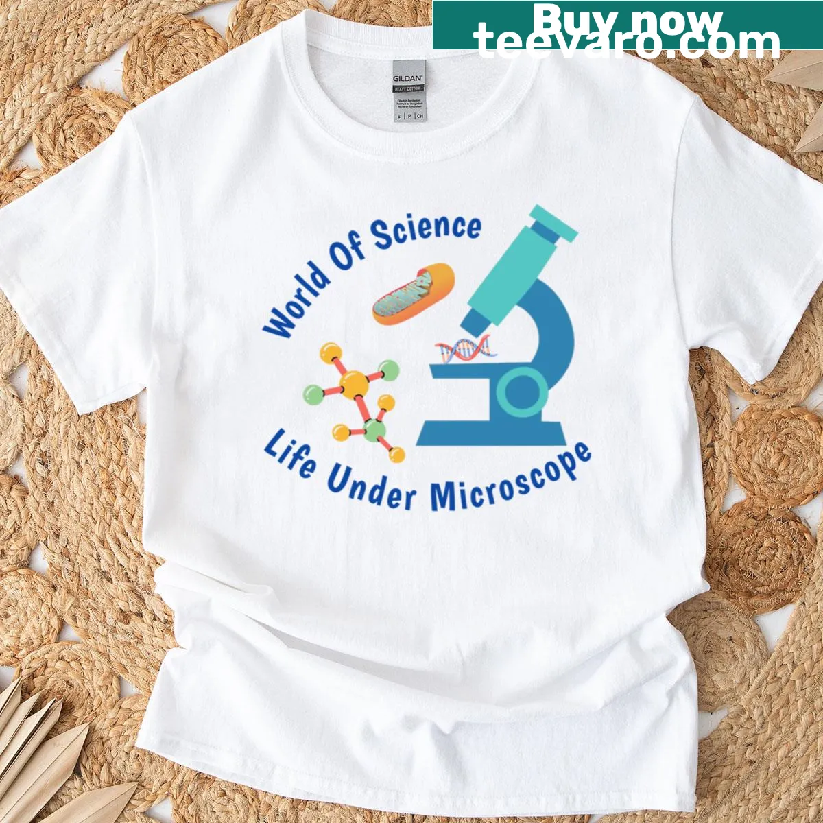 T-shirt with illustration of a microscope and scientific elements. — on a men's t-shirt