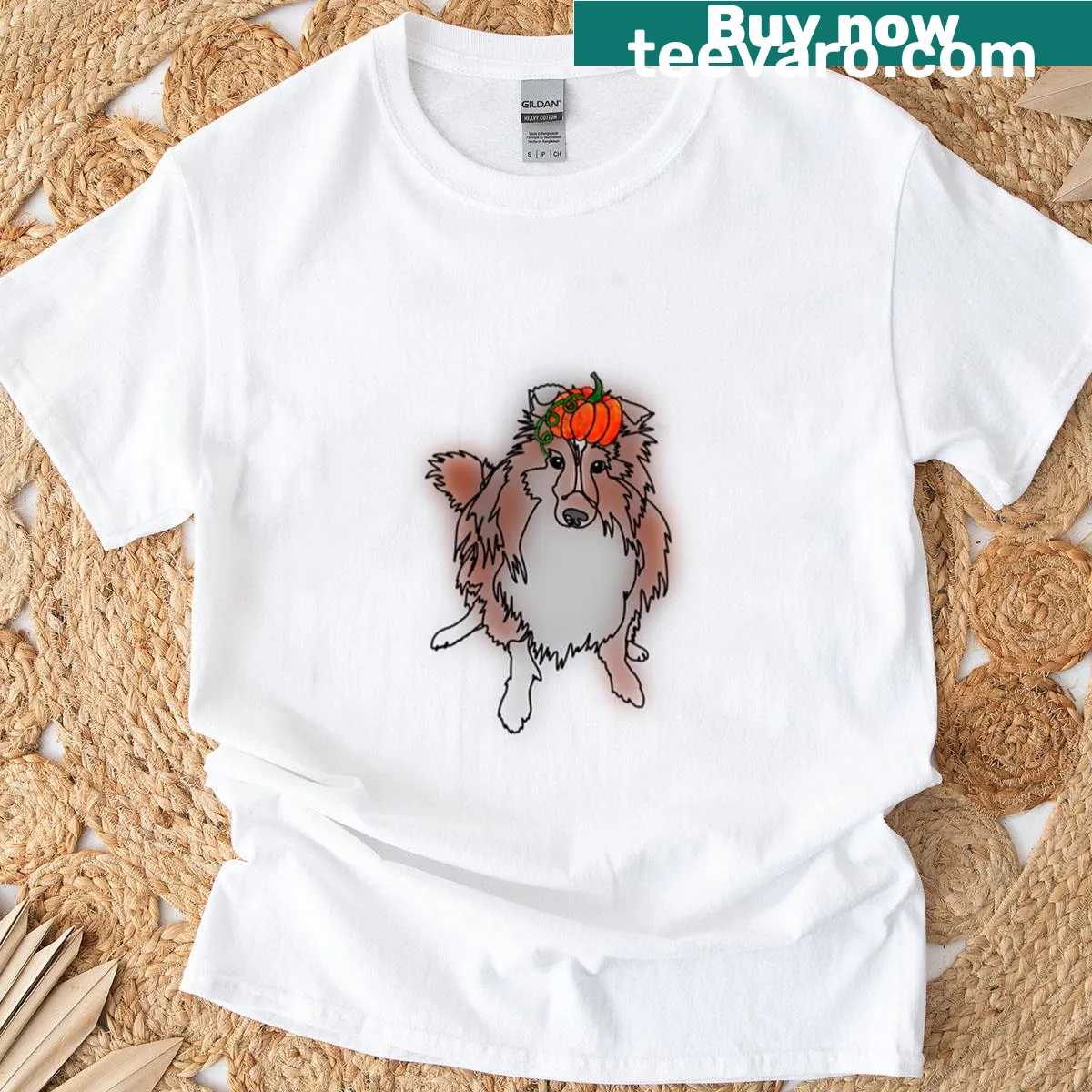 Illustration of a Sheltie dog wearing a pumpkin hat — on a men's t-shirt