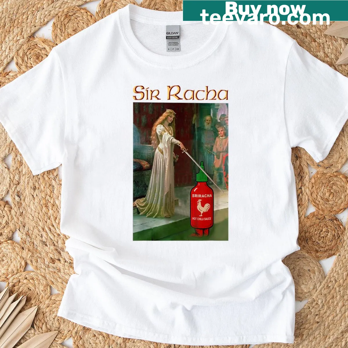 Humorous cartoon design of Sir Racha spicy sauce on t-shirt — on a men's t-shirt