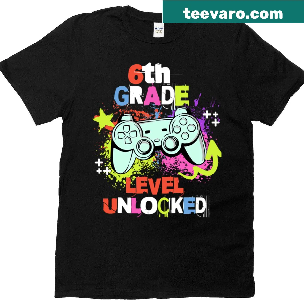 Sixth grade level unlocked gamer t-shirt for kids — on a men's t-shirt