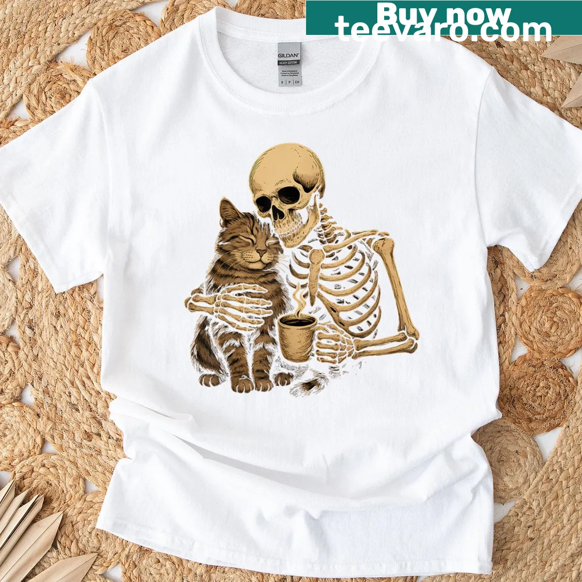 Cute skeleton cat hugging illustration for Halloween — on a men's t-shirt