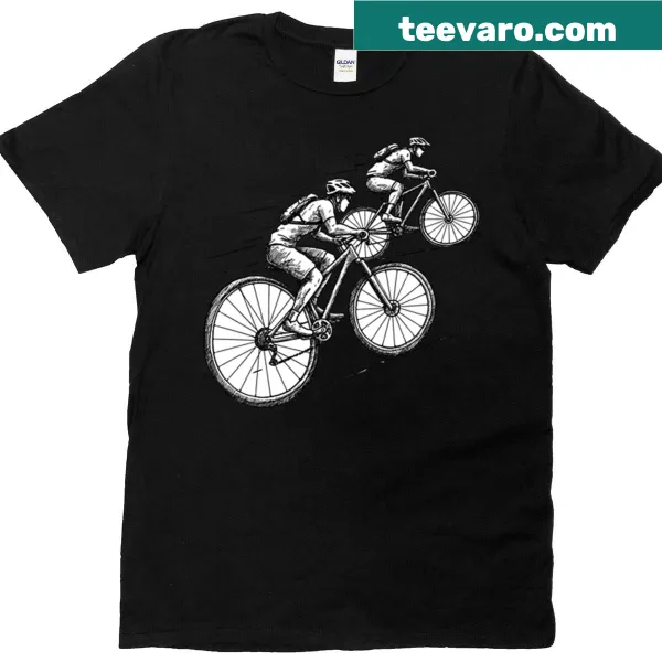 Cartoon skeletons on a tandem bicycle graphic on a t-shirt