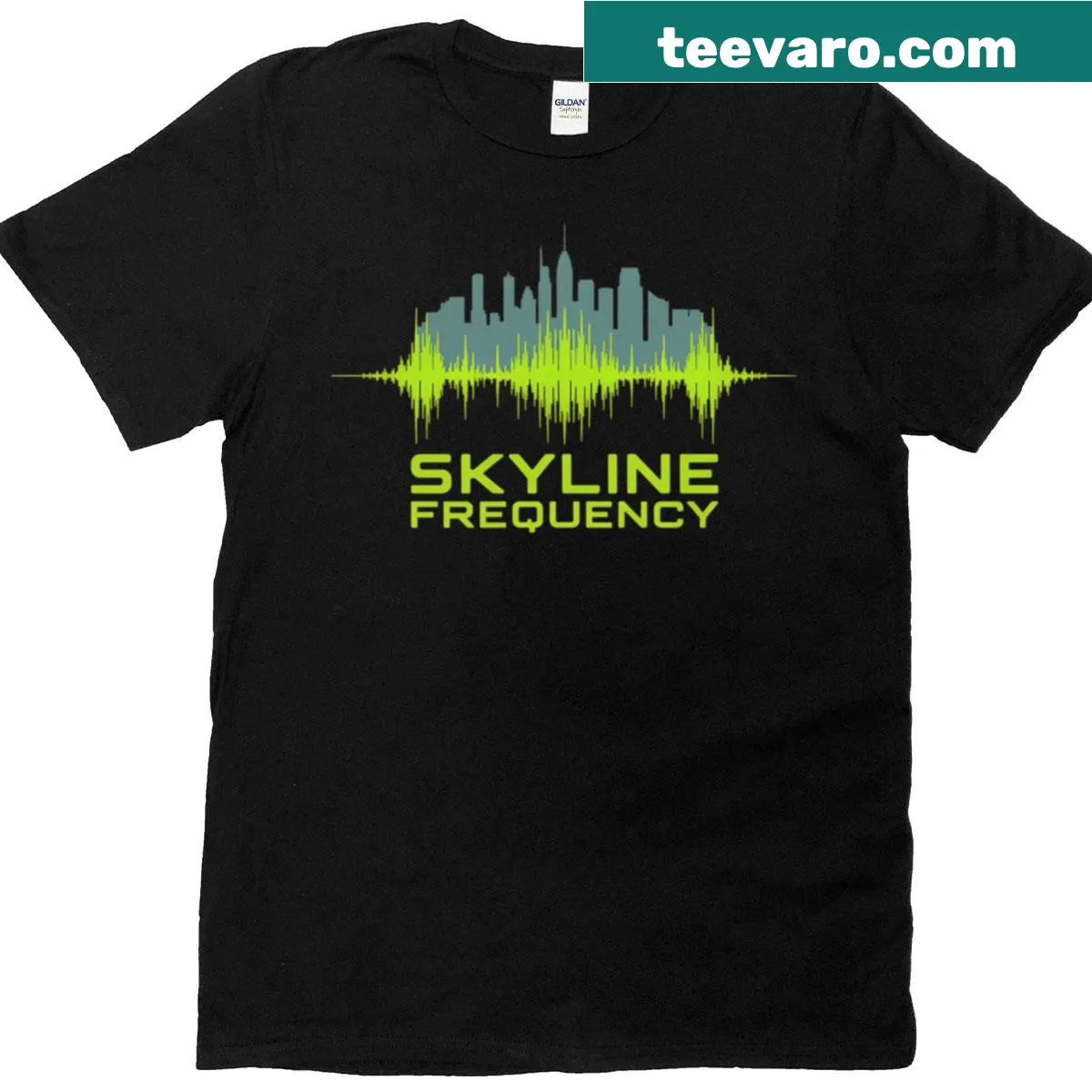 Urban skyline with soundwave design on a T-shirt — on a men's t-shirt
