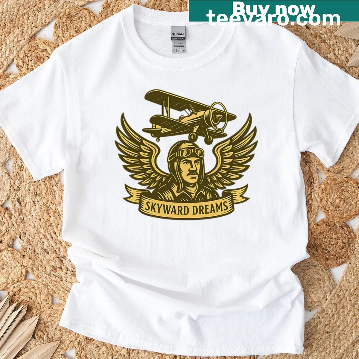 Vintage-style t-shirt featuring a biplane emblem design — on a men's t-shirt