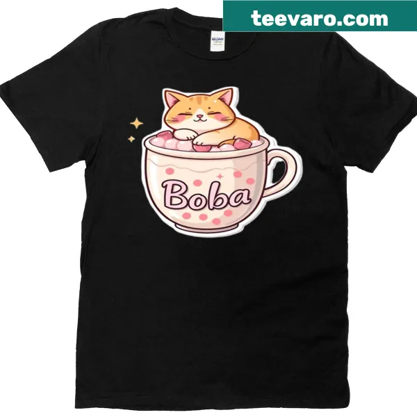 Kawaii sleepy cat next to bubble tea design on T-shirt