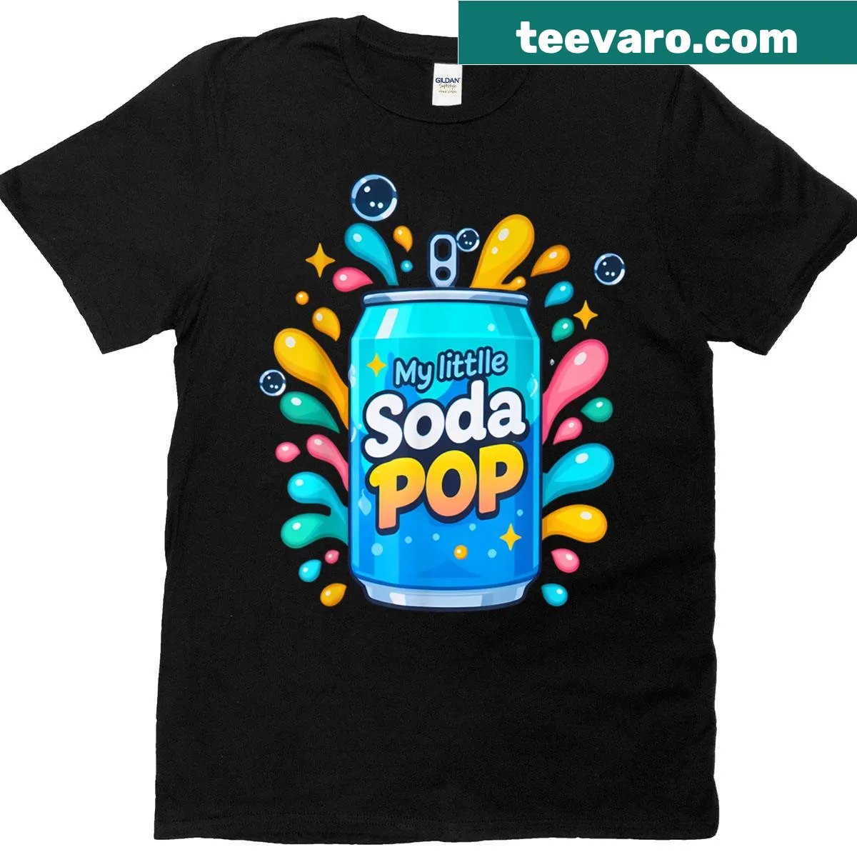 Cartoon graphic of a soda pop splash with playful text — on a men's t-shirt